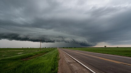 Dramatic storm cloud looms over wide open landscape, showcasing powerful supercell formation. scene captures tension of nature, with dark clouds rolling above deserted road, emphasizing vastness