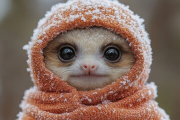 Naklejka premium Snowy day surprise with a furry friend in a cozy orange sweater
