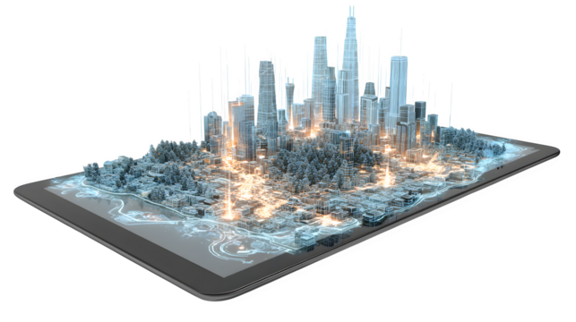 A glowing touchscreen panel displaying a virtual map of a futuristic city with interactive elements - Powered by Adobe