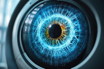 Biometric scanning technology illustrating retina scan process with optical details