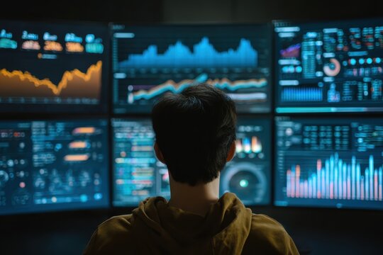 An analyst uses Data analytics automated with AI technology. Dashboard report, operations charts and KPI insights. Big Data technology, Business analysis and artificial intelligence automation