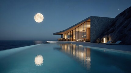 Villa moderne avec piscine a debordement sous la pleine lune nocturne