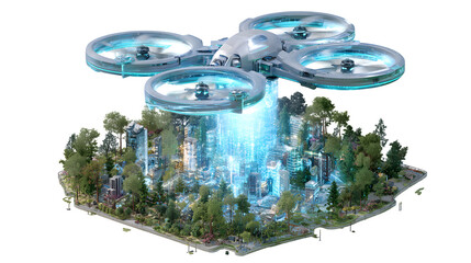 A glowing, transparent drone hovering above a futuristic city park, with digital information displayed in the air