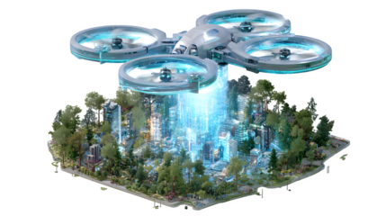 A glowing, transparent drone hovering above a futuristic city park, with digital information displayed in the air