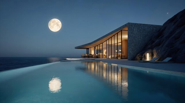 Villa moderne avec piscine a debordement sous la pleine lune nocturne