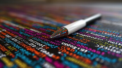 Stylo blanc pose sur du code informatique multicolore imprime