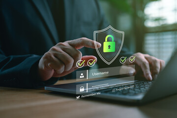 Businessman logging in with secure password interface, featuring shield and lock icons, representing cybersecurity, data protection, user authentication, and secure access system for online privacy.