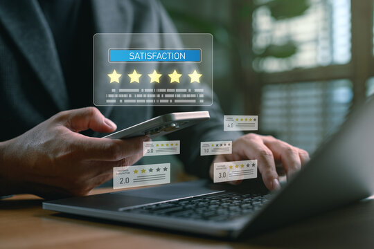 User holding smartphone with digital feedback and satisfaction ratings on virtual screen, representing customer review, service quality evaluation and business reputation monitoring system.