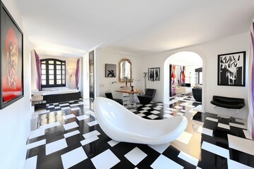 A modern, open-plan interior features a striking black-and-white checkered floor, a sculptural white bathtub, and pops of vibrant color from artwork and textiles. 