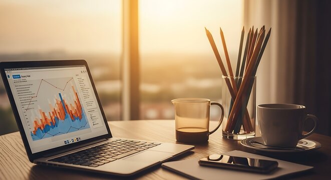 Laptop Displaying Business Data Charts on Desk with Golden Hour Sunlight, Remote Work and Financial Analysis Concept
