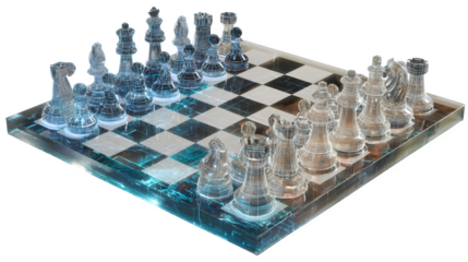 A holographic chess game played between two advanced AI systems in a digital arena
