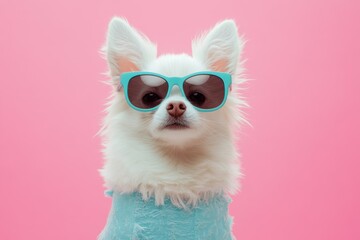 Fototapeta premium Dog wearing funny sunglasses poses confidently against a bright pink backdrop