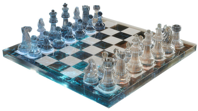 A holographic chess game played between two advanced AI systems in a digital arena