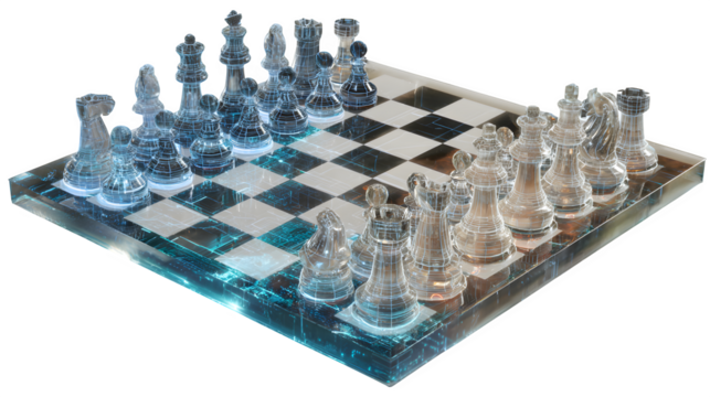 A holographic chess game played between two advanced AI systems in a digital arena