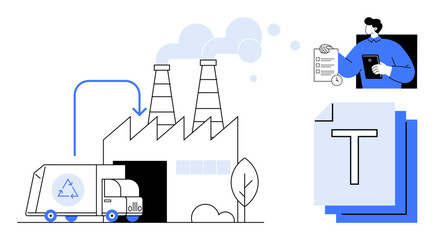 Recycling truck at a factory, smoke from chimneys, document checklist, papers. Ideal for sustainability, environmental awareness, recycling workflow, industrial process, eco-friendly practices