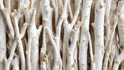 Close-up view of many light beige wooden branches