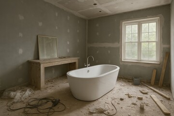 bathroom under renovation with a modern  freestanding bathtub, unfinished walls, exposed drywall, and construction debris scattered on the floor.