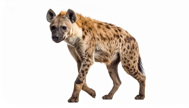 Spotted hyena walking with alert posture, isolated on a white background, showcasing its unique fur pattern