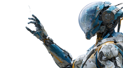 A modern humanoid robot reaching for a floating orb in a cyberpunk-style laboratory