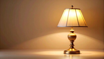 Classic table lamp with warm light and pleated shade, placed on a minimalist surface against a softly illuminated wall