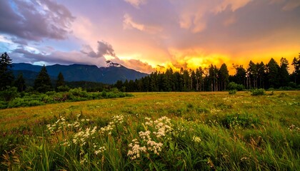 Obraz premium Golden Hour Meadow, Majestic Mountains, and Dramatic Clouds