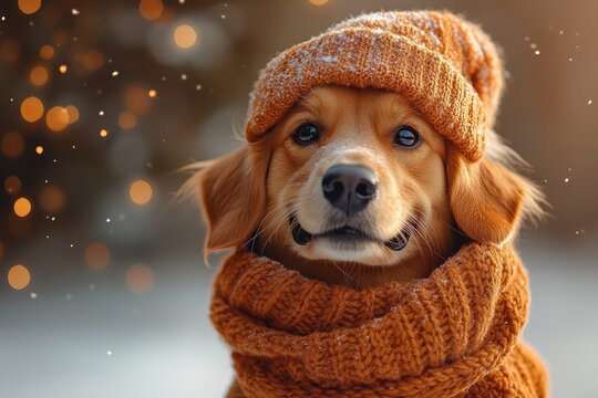 Happy dog in cozy winter outfit with warm scarf and hat in a festive setting