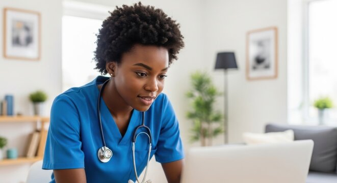 African American Female Nurse Wearing Blue Scrubs Using Laptop in Bright Modern Home Office
