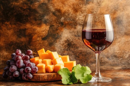 A glass of red wine sits beside a wooden board holding cubed cheese and a bunch of red grapes against a textured brown backdrop - Powered by Adobe