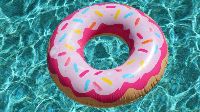 Pink doughnut inflatable swimming ring floating in clear blue pool water under summer sunlight, playful pool float for vacation, relaxation, leisure, holiday fun and tropical lifestyle concept