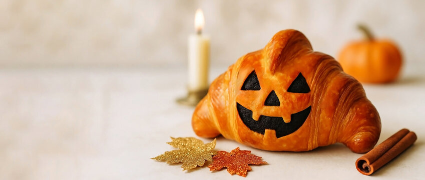 Delicious baked croissant made of puff pastry with Jack's smiling face, on a light background, festive pastries for Halloween