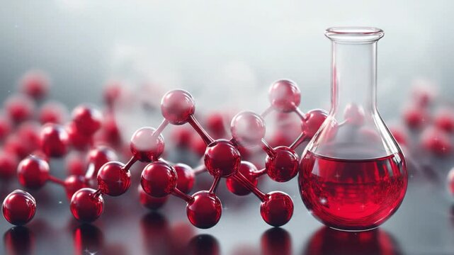 Chemical reaction in beaker and red molecular 
