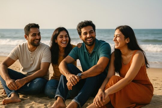 Friends enjoying beach laughter.