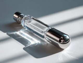 Clear glass perfume bottle, metallic cap,  sunlit