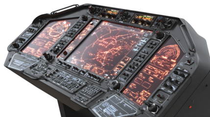  A neon-lit control panel in a futuristic spaceship cockpit, displaying dynamic navigation and system readouts