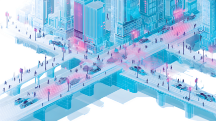 A neon-lit city with self-driving cars and pedestrians walking along elevated walkways