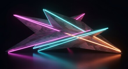 Neon Grunge Geometric Abstraction: Vibrant Pink and Teal Lines on Dark Stone