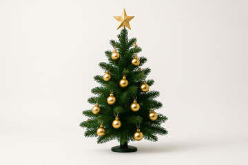 Minimalist Christmas Tree with Golden Ornaments on White Background