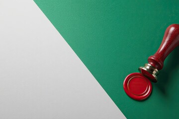 Red wax seal stamp on green and white background