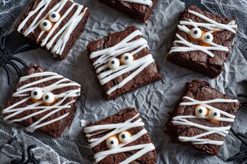 Mummy brownies with white icing and candy eyes for festive celebrations