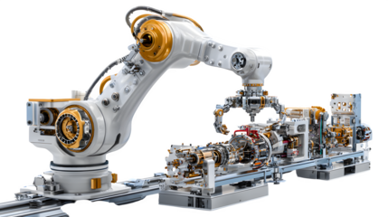 A robotic arm assembling intricate components on a high-tech assembly line