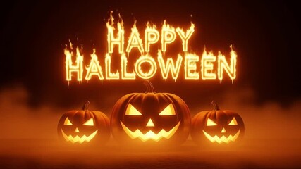 Happy halloween text jack o lanterns glowing pumpkins
