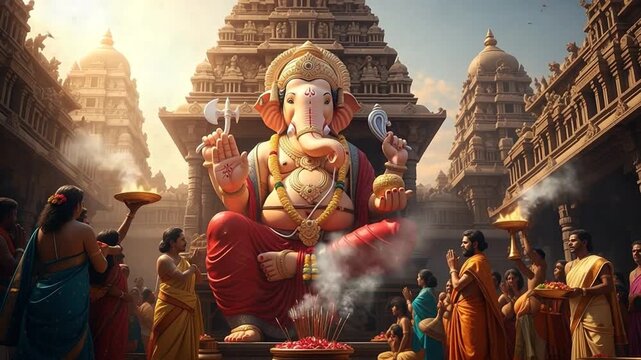 Majestic Golden Statue of Ganesha with Devotees in Temple During Festive Celebration