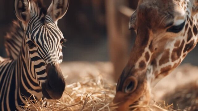 Close-up of a zebra and a giraffe eating hay in a zoo enclosure.