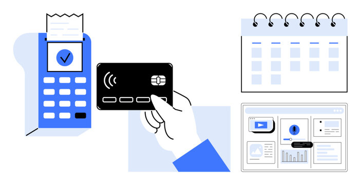 Hand holding contactless card near payment terminal, receipt visible. Calendar for scheduling next to dashboard with charts and videos. Ideal for finance, technology, small business, organization