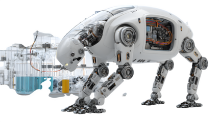 A sleek robot with mechanical arms performing intricate tasks in a futuristic laboratory