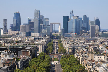 View on the Defense business district from the top of the Arc de Triomphe in Paris