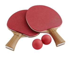 Two red ping pong paddles and two balls