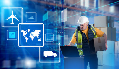 Man logistician at work. International delivery service manager. Logistics technologies. Logistician with laptop. World map and logistics transport on virtual screen. Man logistician with box.