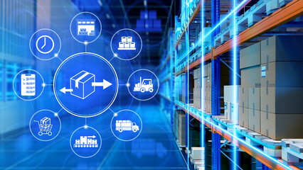Fulfillment industry. Warehouse technologies. Icons symbolising storage and logistics. Fulfillment center from inside. Modern hangar with pallet racks. Fulfillment of parcels. 3d image