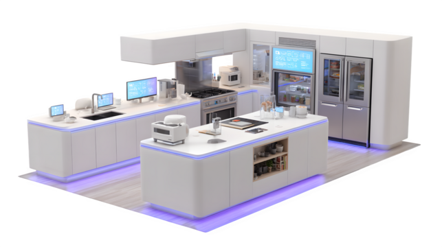 A virtual assistant AI helping users with tasks in an advanced, automated kitchen environment
